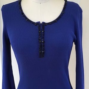Indigo ribbed sweater with black bead trim